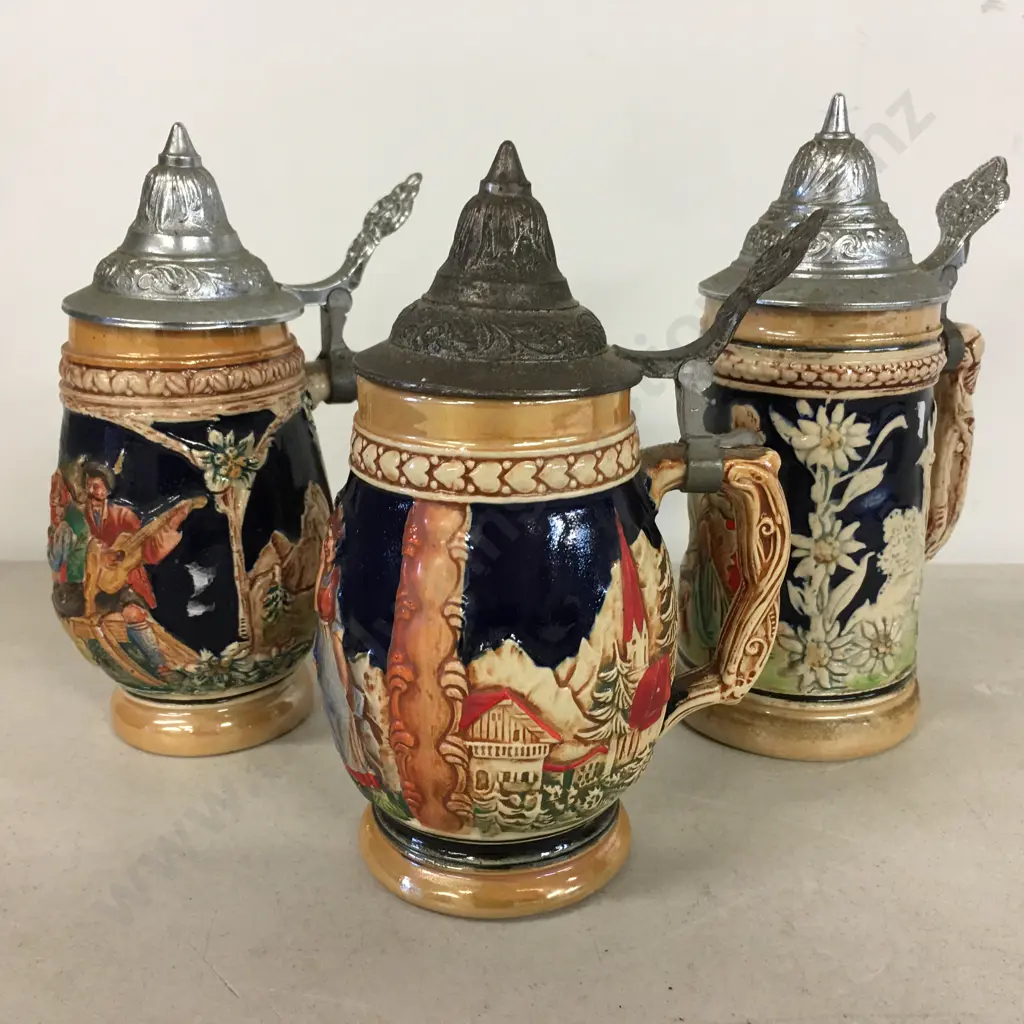 Vintage German Lidded Steins x3 Image 1++
